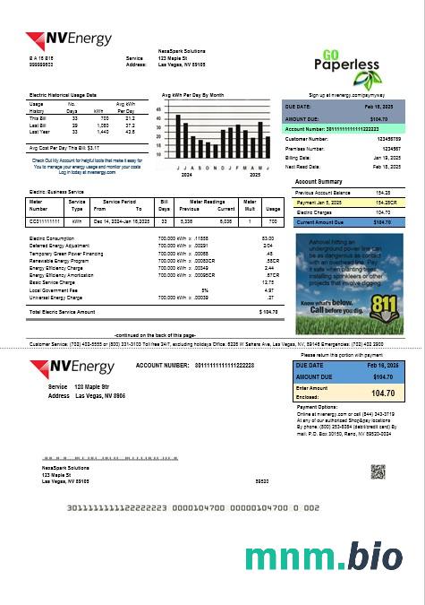 USA Nevada NV Energy rachunek za usługi komunalne szablon w formacie Word i PDF